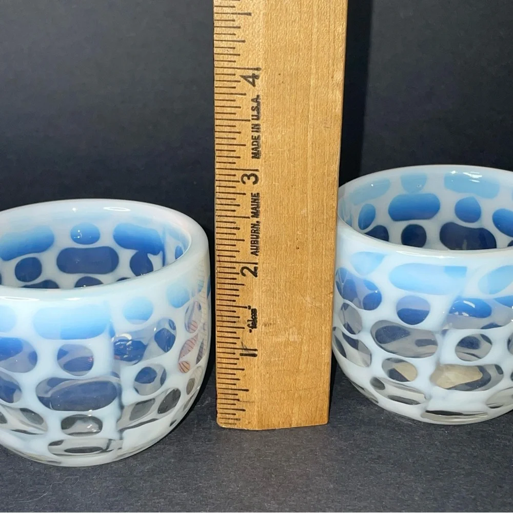 Pair of Crate & Barrel Art Glass Moonstone Lacy Votive Candle Holders 2 1/4